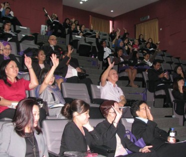 A section of the enthusiastic audience. Ms Ong Mei Mei is third left front row.