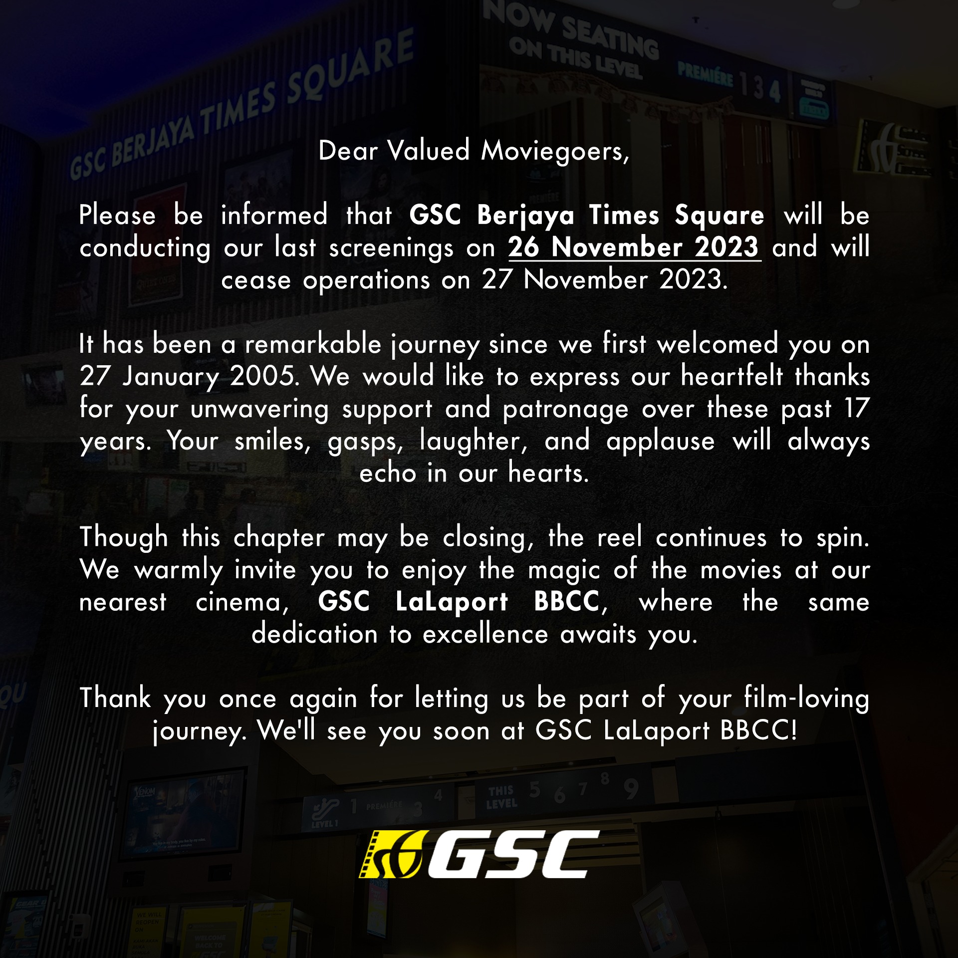 GSC bids farewell to Berjaya Times Square