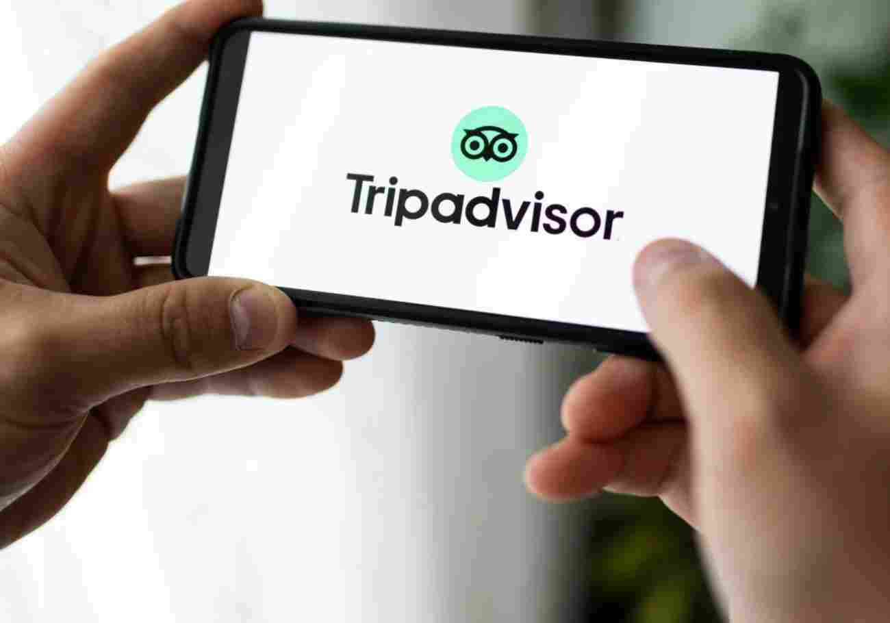 Close-up of a smartphone screen showing the Tripadvisor app with a user searching for hotels in a specific city.
