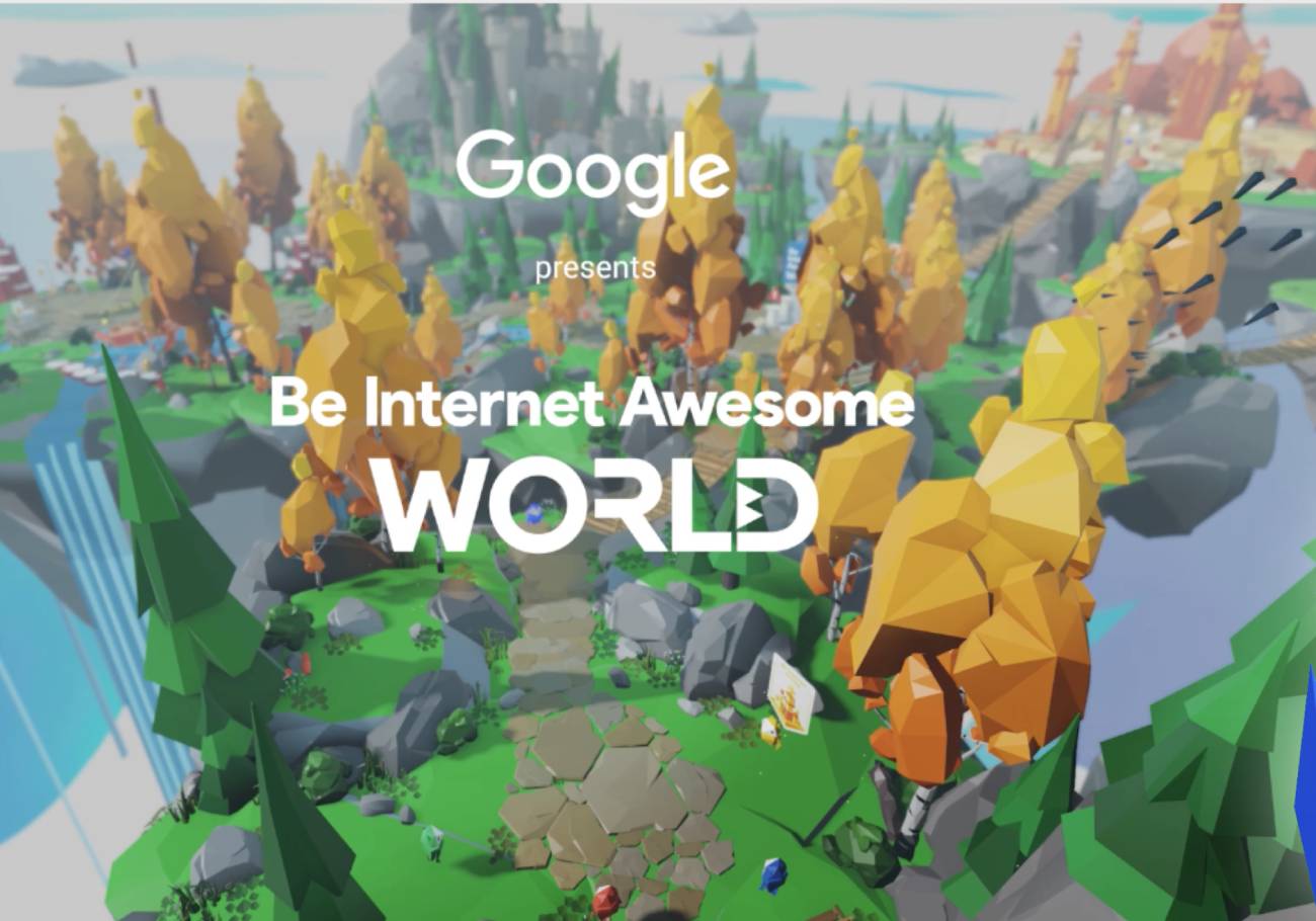 Kids playing Be Internet Awesome World on Roblox with Google branding.