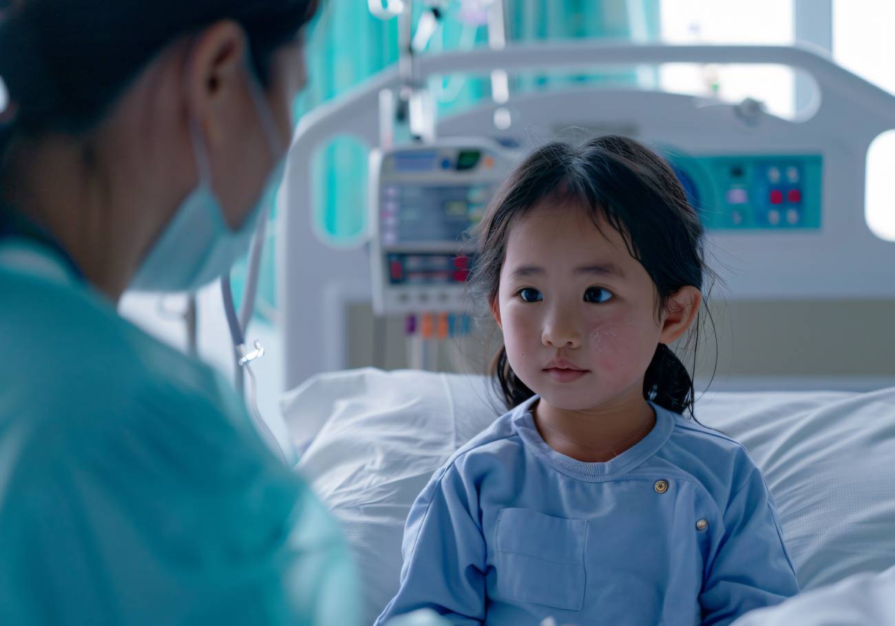 SJMC doctor comforts a child during cancer treatment session.